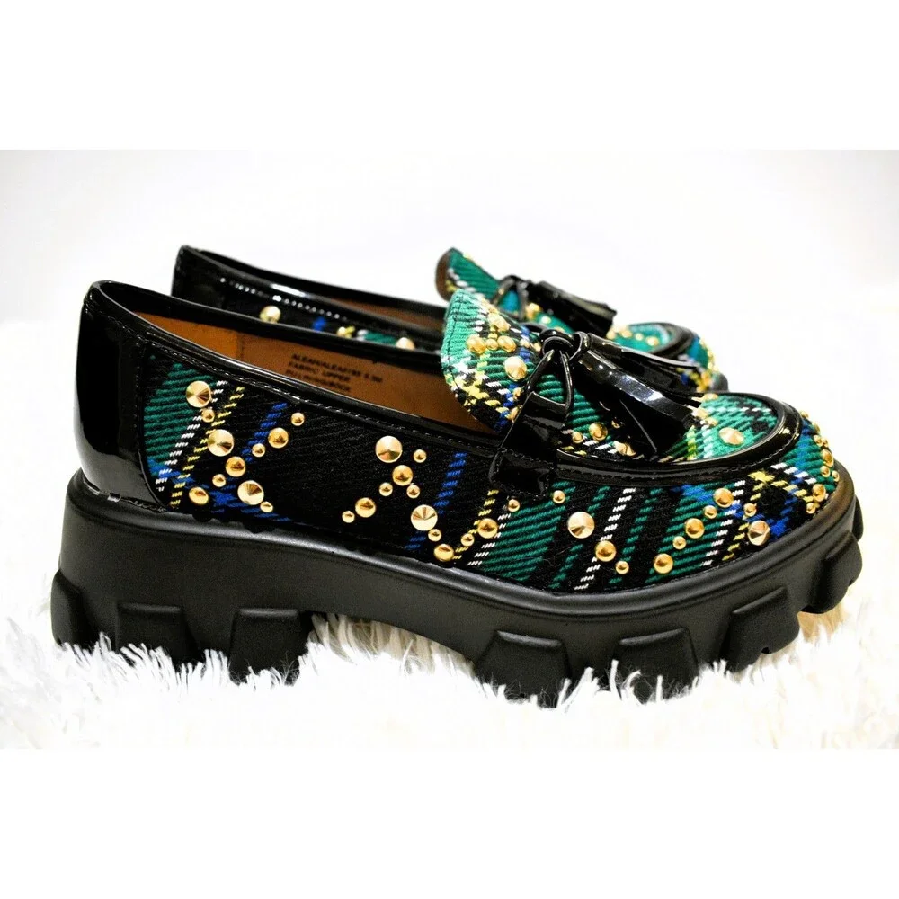 Betsey Johnson Aleah Green Plaid Studded Tassel (3163) Loafers - Women's 6.5